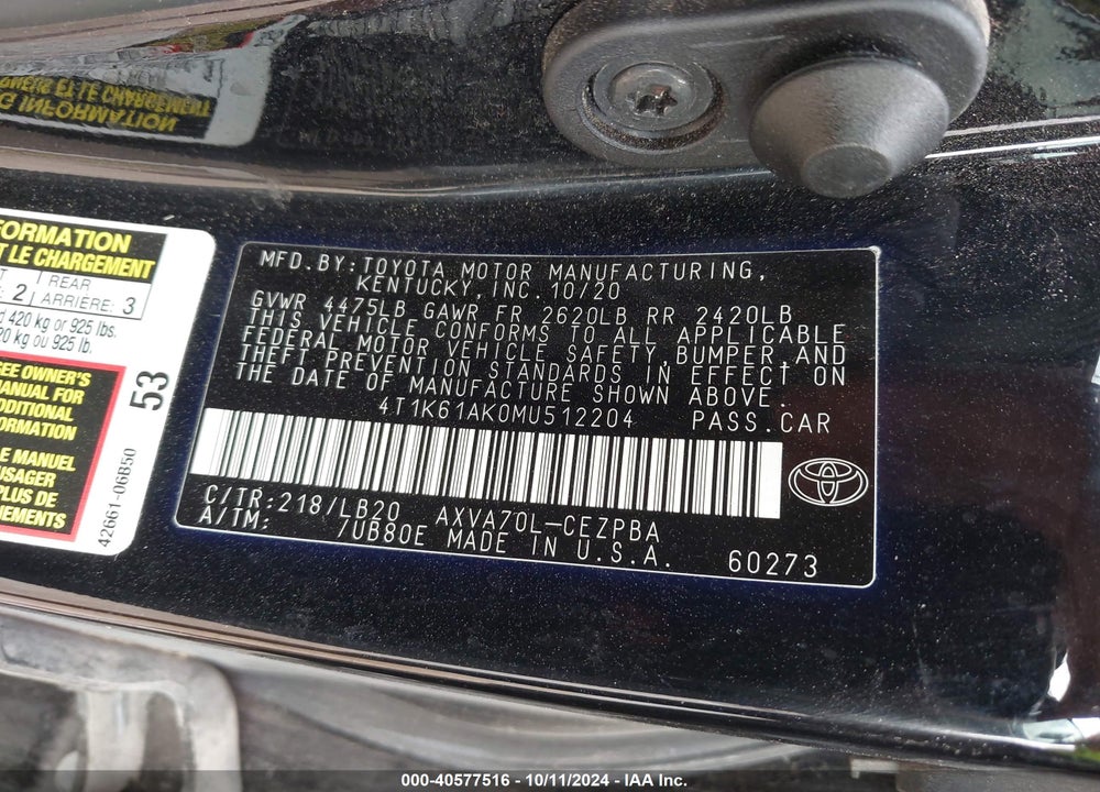 2021 TOYOTA CAMRY XSE VIN: 4T1K61AK0MU512204