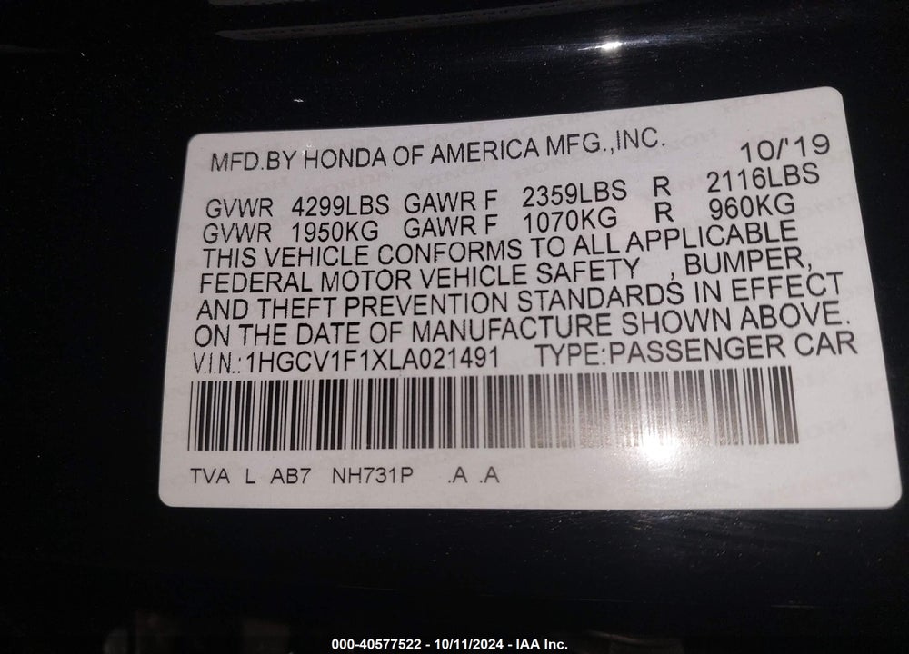 2020 HONDA ACCORD LX VIN: 1HGCV1F1XLA021491