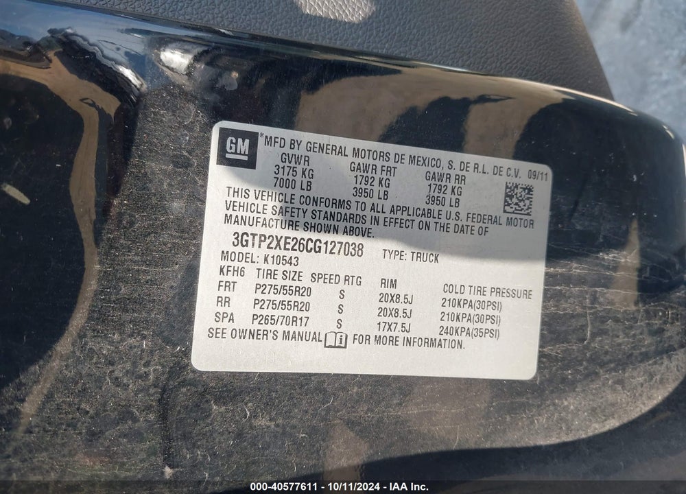2012 GMC SIERRA 1500 DENALI VIN: 3GTP2XE26CG127038