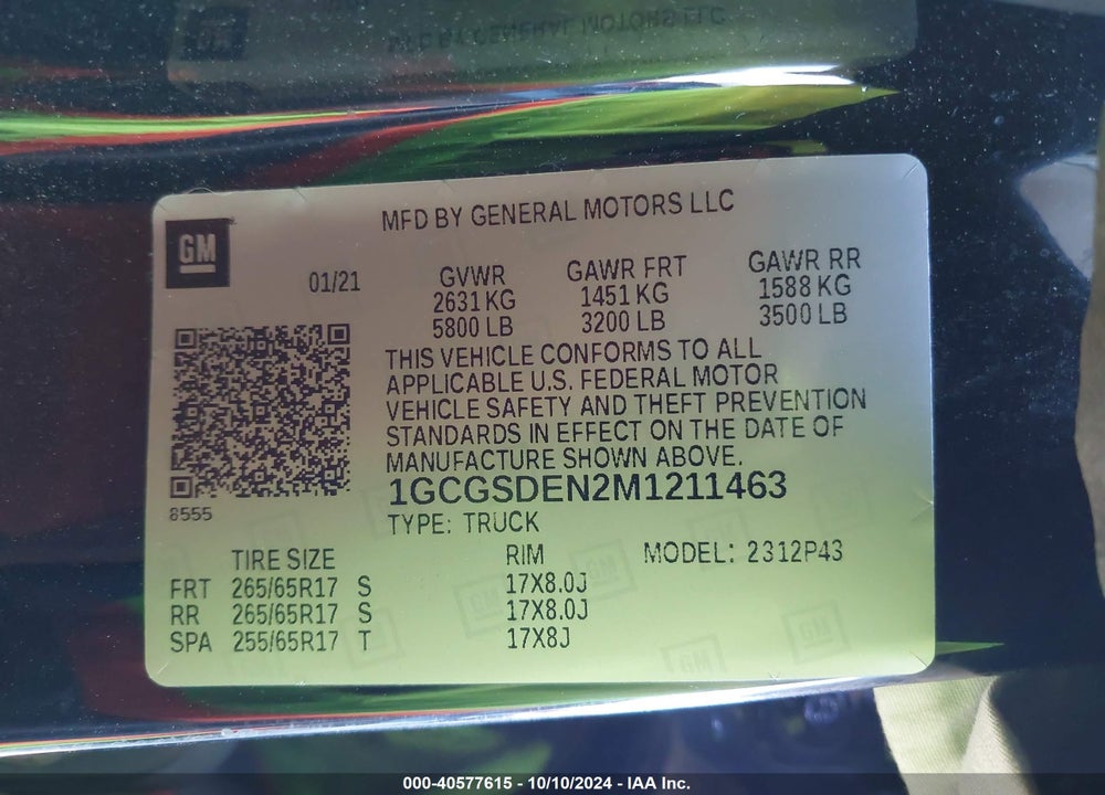2021 CHEVROLET COLORADO 2WD SHORT BOX Z71 VIN: 1GCGSDEN2M1211463