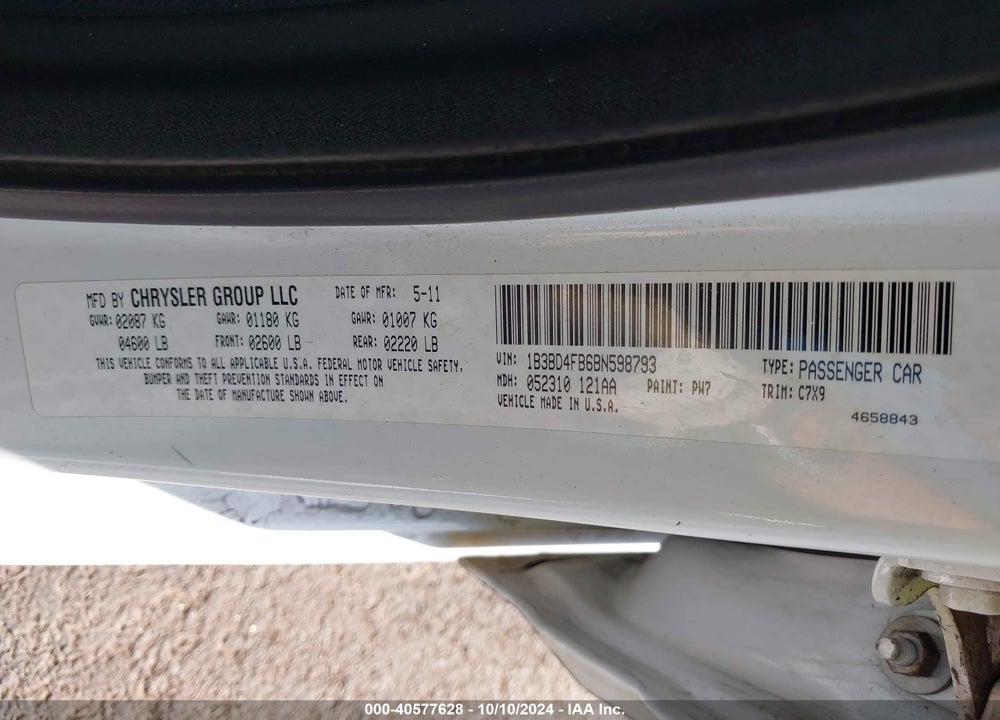 2011 DODGE AVENGER EXPRESS VIN: 1B3BD4FB6BN598793