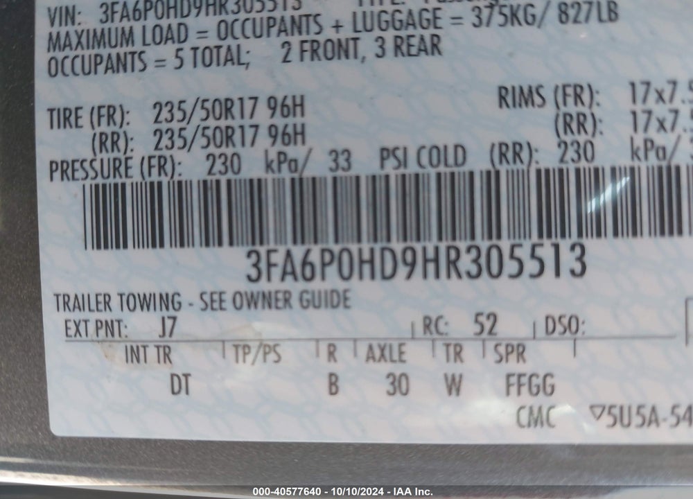 2017 FORD FUSION SE VIN: 3FA6P0HD9HR305513