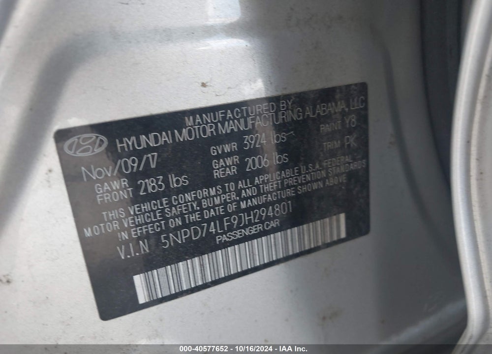 2018 HYUNDAI ELANTRA SE VIN: 5NPD74LF9JH294801