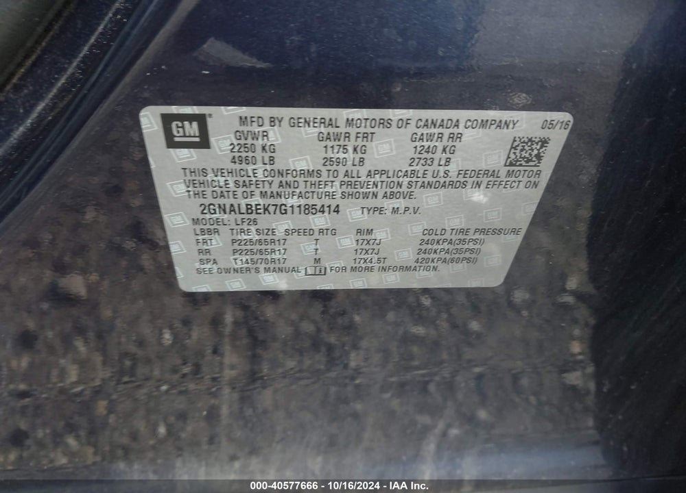 2016 CHEVROLET EQUINOX LS VIN: 2GNALBEK7G1185414