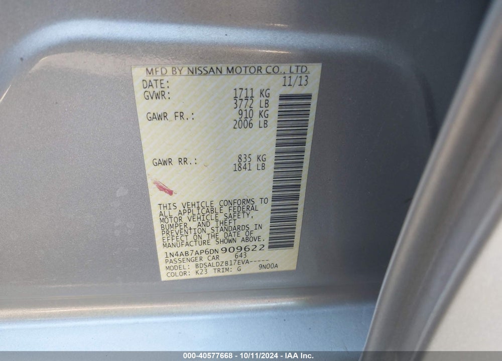 2013 NISSAN SENTRA SV VIN: 1N4AB7AP6DN909622