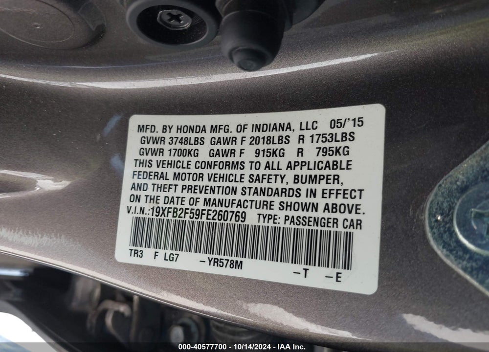 2015 HONDA CIVIC LX VIN: 19XFB2F59FE260769