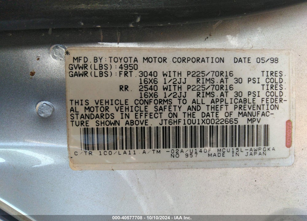 1999 LEXUS RX 300 VIN: JT6HF10U1X0022665
