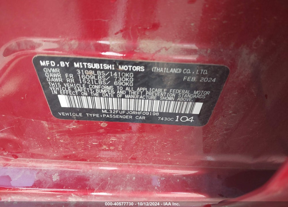 2024 MITSUBISHI MIRAGE G4 ES VIN: ML32FUFJ0RHF09198