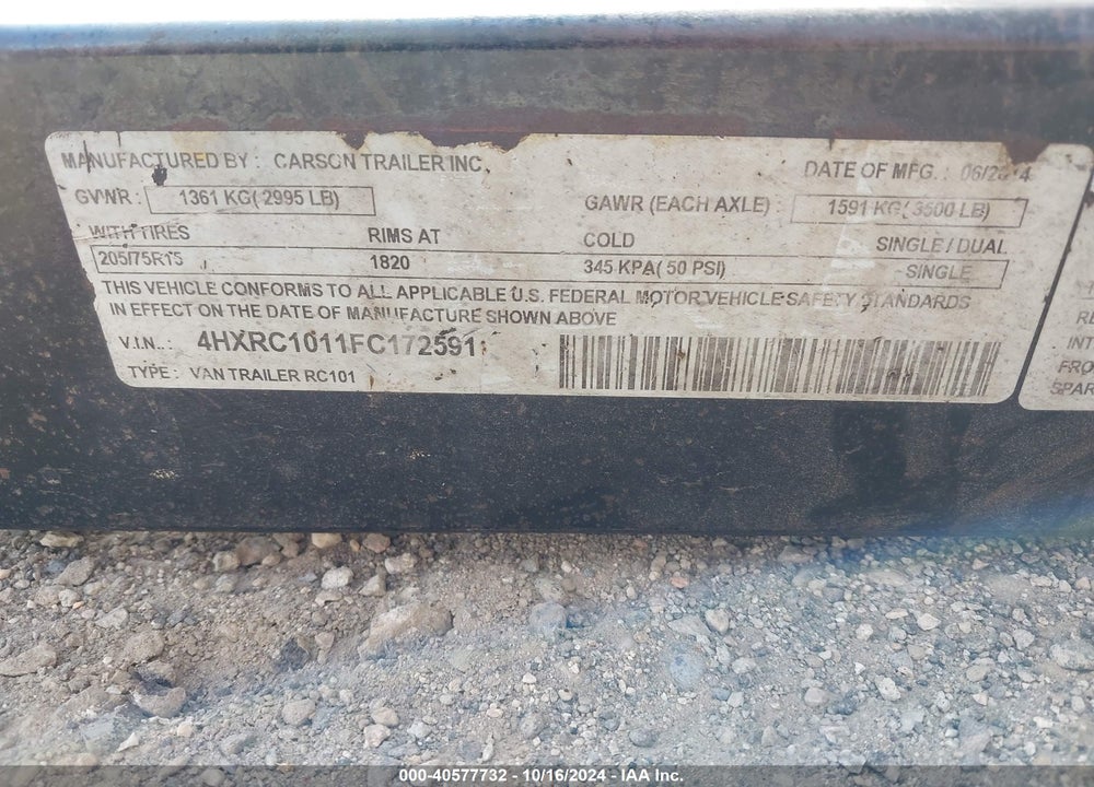 2015 CARSON TRAILER VIN: 4HXRC1011FC172591