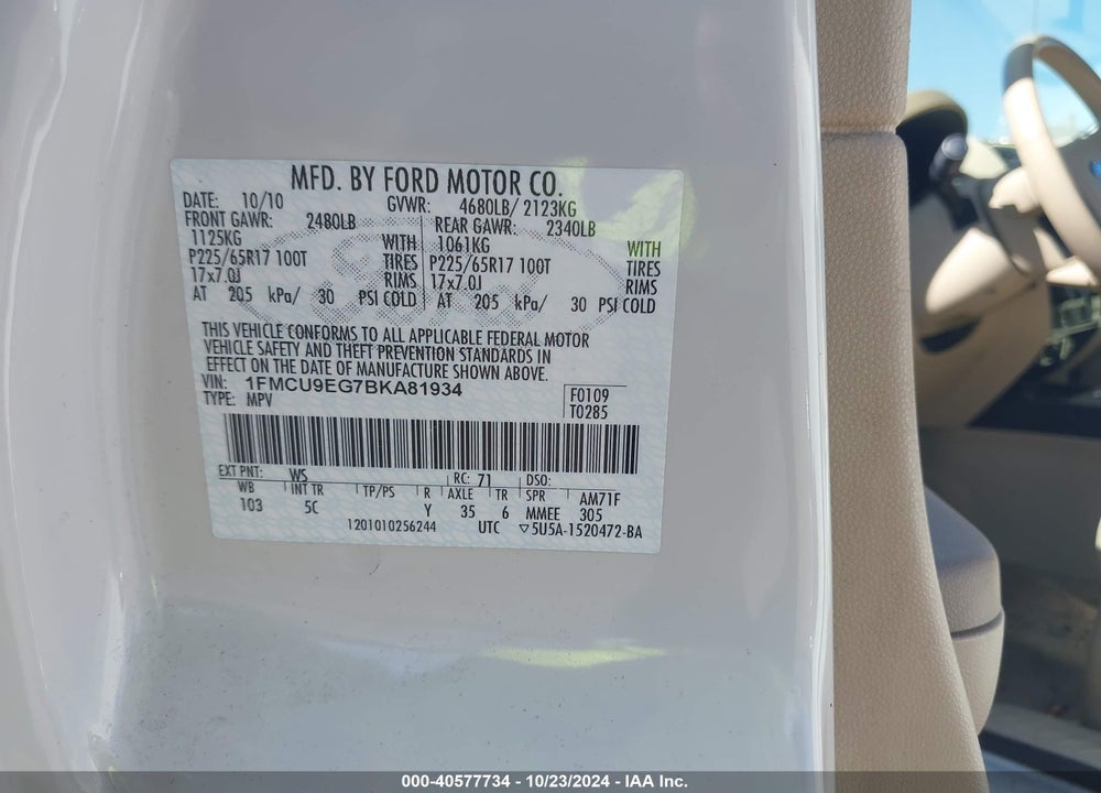 2011 FORD ESCAPE LIMITED VIN: 1FMCU9EG7BKA81934