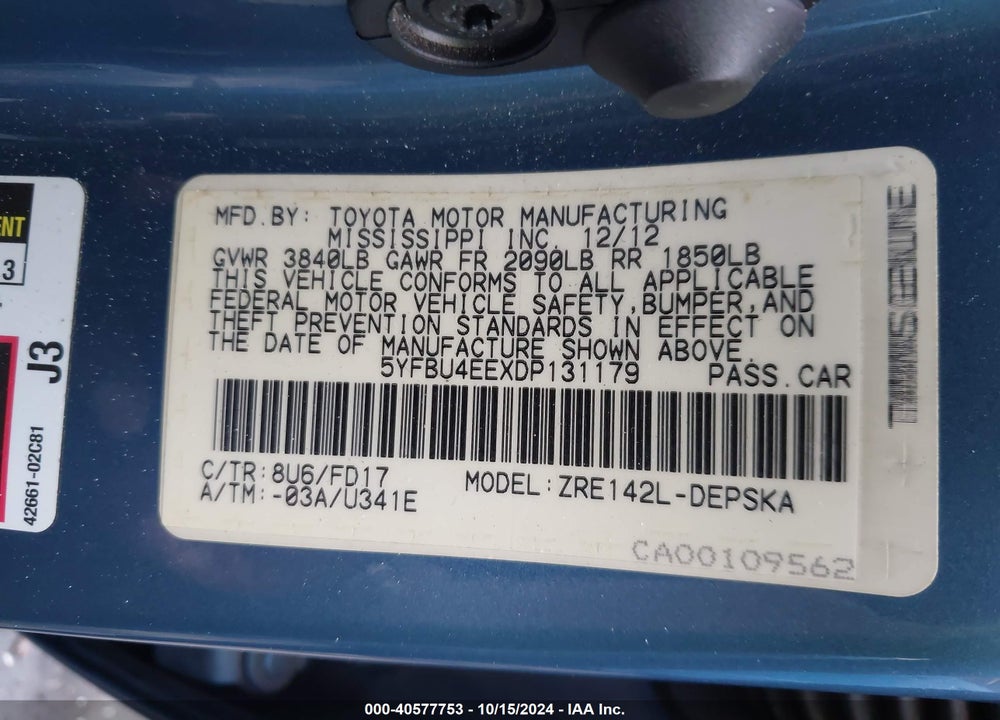 2013 TOYOTA COROLLA S VIN: 5YFBU4EEXDP131179