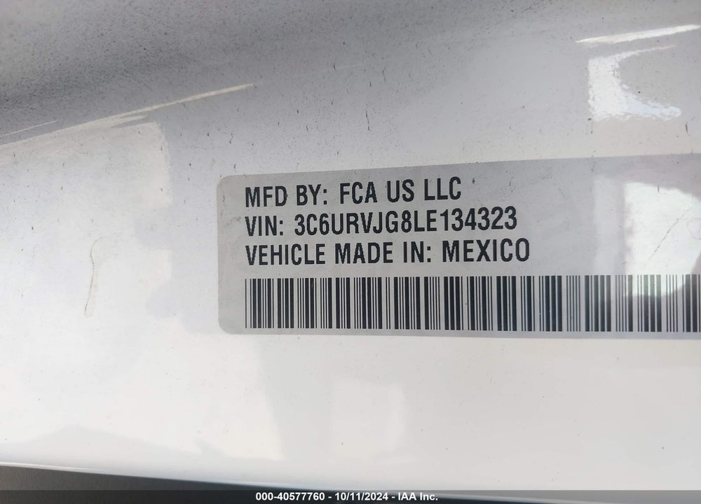 2020 RAM PROMASTER 3500 CARGO VAN HIGH ROOF 159 WB EXT VIN: 3C6URVJG8LE134323