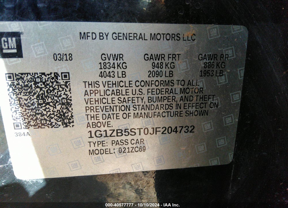 2018 CHEVROLET MALIBU 1LS VIN: 1G1ZB5ST0JF204732