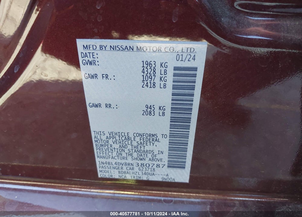2024 NISSAN ALTIMA SV FWD VIN: 1N4BL4DV8RN380787