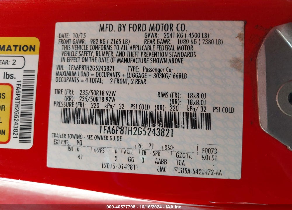 2016 FORD MUSTANG ECOBOOST VIN: 1FA6P8TH2G5243821