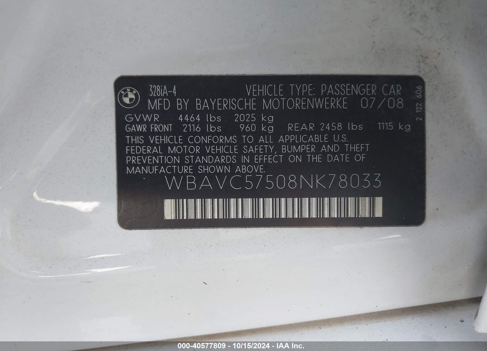 2008 BMW 328I VIN: WBAVC57508NK78033