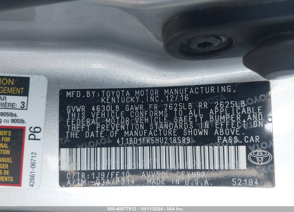 2017 TOYOTA CAMRY HYBRID LE VIN: 4T1BD1FK5HU218589