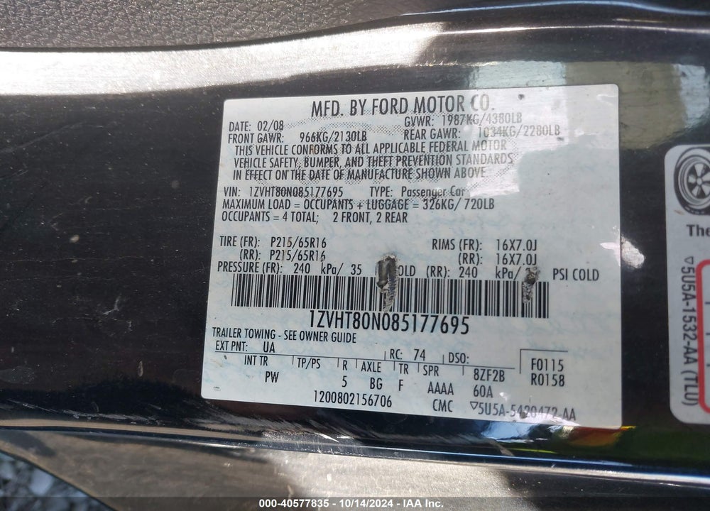 2008 FORD MUSTANG V6 DELUXE/V6 PREMIUM VIN: 1ZVHT80N085177695