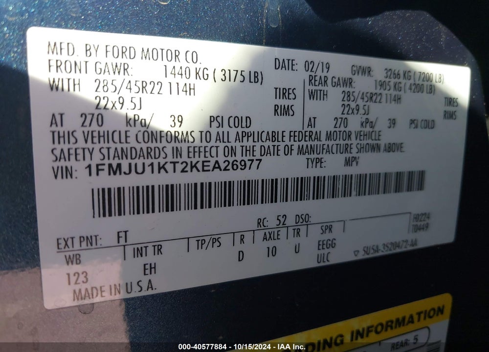 2019 FORD EXPEDITION LIMITED VIN: 1FMJU1KT2KEA26977