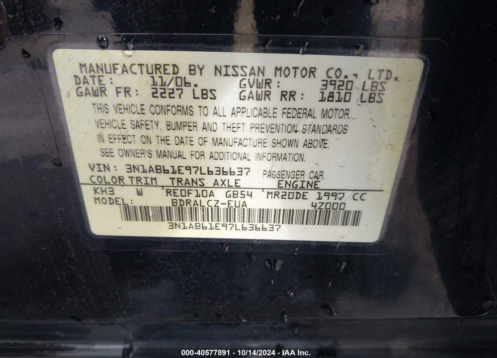 2007 NISSAN SENTRA 2.0 VIN: 3N1AB61E97L636637
