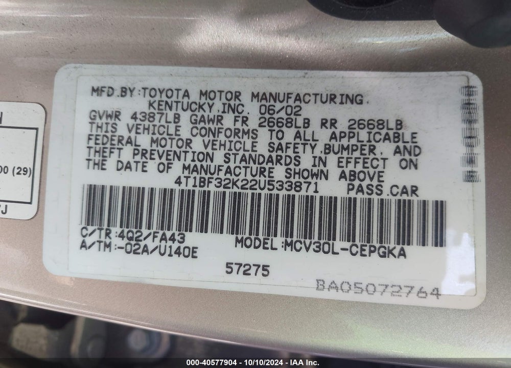 2002 TOYOTA CAMRY XLE V6 VIN: 4T1BF32K22U533871