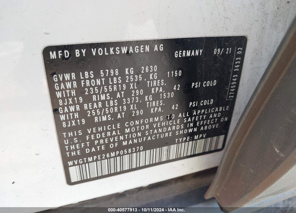 2021 VOLKSWAGEN ID.4 PRO S VIN: WVGTMPE26MP058370