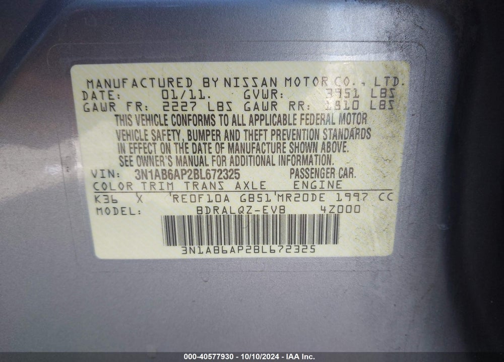 2011 NISSAN SENTRA 2.0 VIN: 3N1AB6AP2BL672325