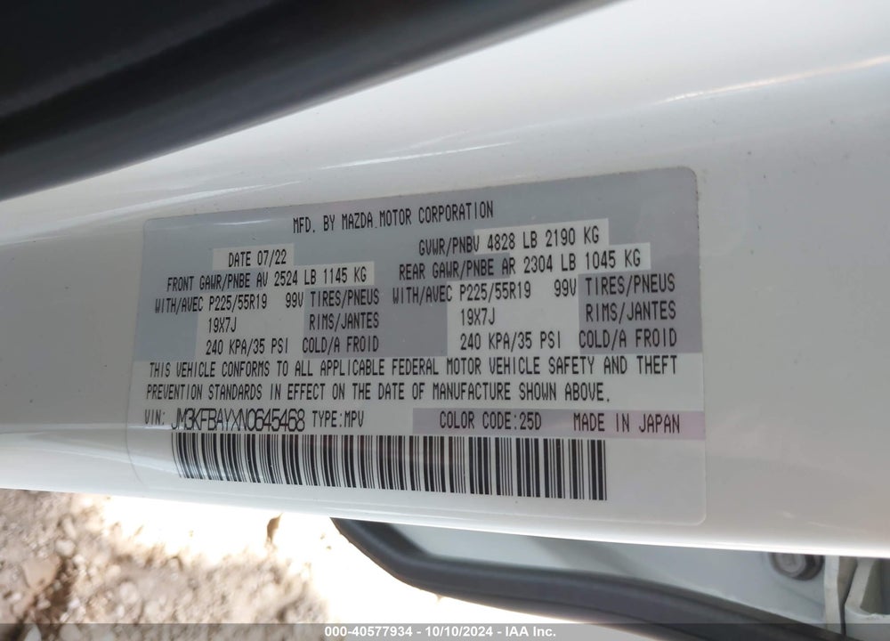 2022 MAZDA CX-5 2.5 TURBO VIN: JM3KFBAYXN0645468