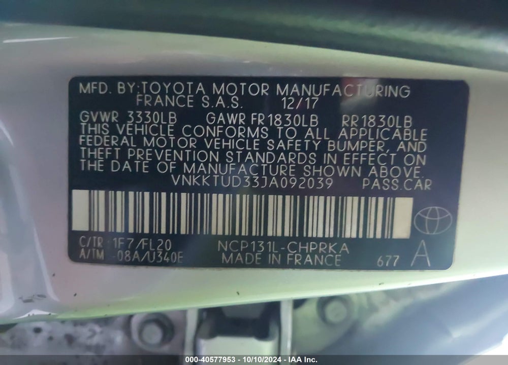 2018 TOYOTA YARIS L/LE/SE VIN: VNKKTUD33JA092039
