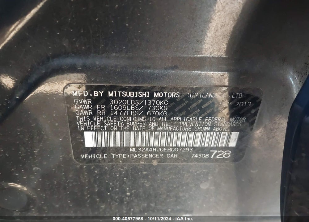 2014 MITSUBISHI MIRAGE ES VIN: ML32A4HJ0EH007293