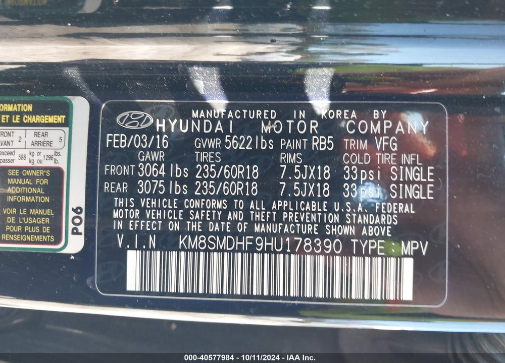 2017 HYUNDAI SANTA FE SE VIN: KM8SMDHF9HU178390