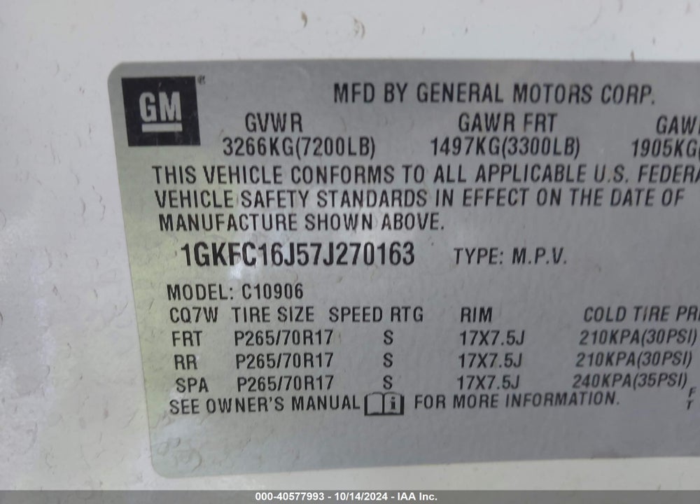 2007 GMC YUKON XL 1500 SLT VIN: 1GKFC16J57J270163