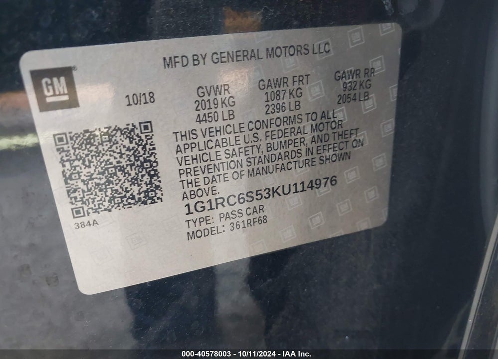 2019 CHEVROLET VOLT LT VIN: 1G1RC6S53KU114976