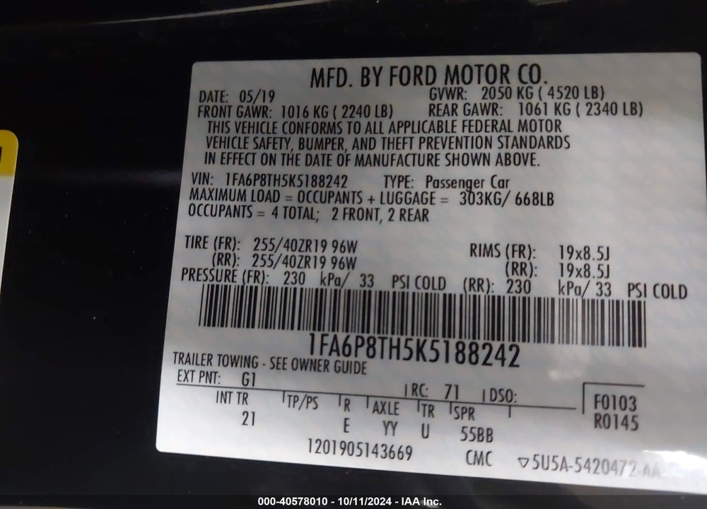 2019 FORD MUSTANG ECOBOOST VIN: 1FA6P8TH5K5188242