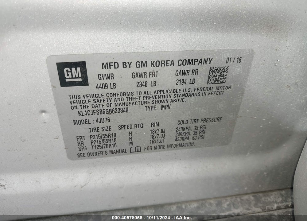 2016 BUICK ENCORE CONVENIENCE VIN: KL4CJFSB6GB623840