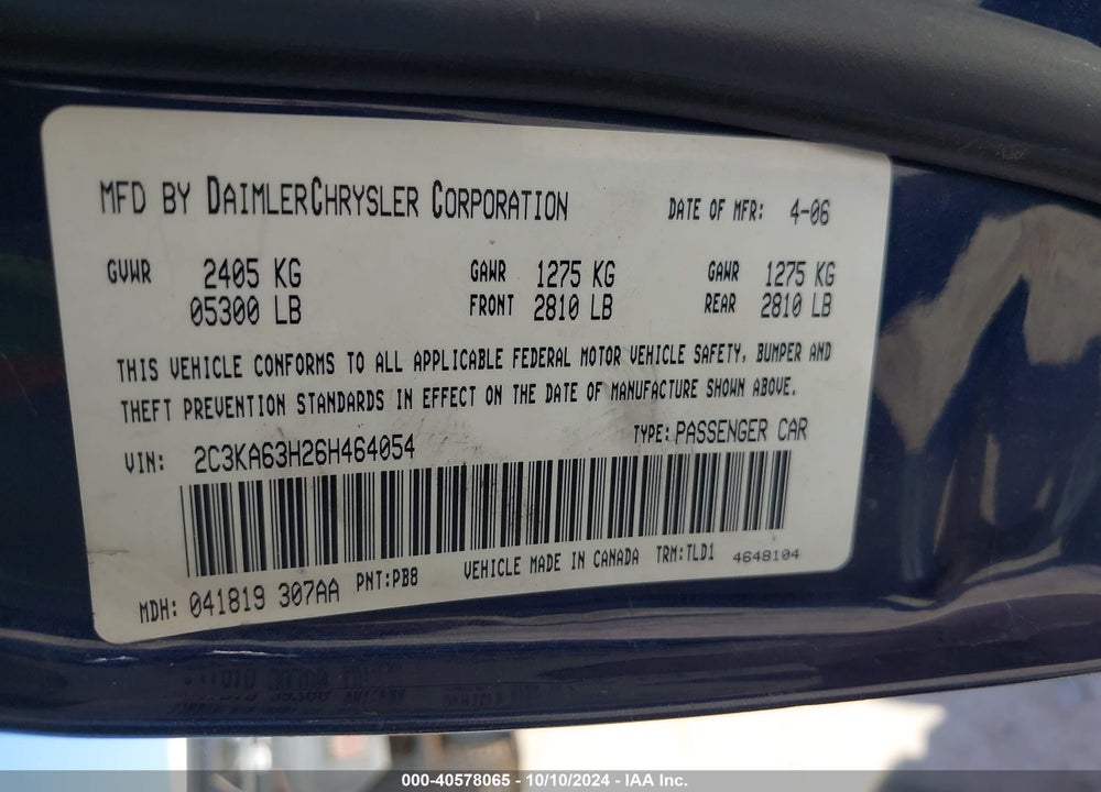 2006 CHRYSLER 300C VIN: 2C3KA63H26H464054