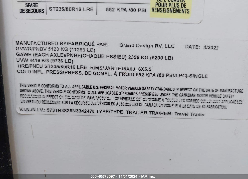 2022 GRAND DESIGN TRAVEL TRLR VIN: 573TR3826N3342478