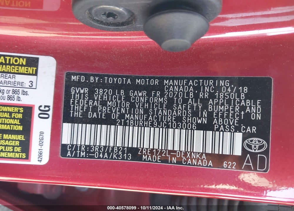 2018 TOYOTA COROLLA LE VIN: 2T1BURHE9JC103006