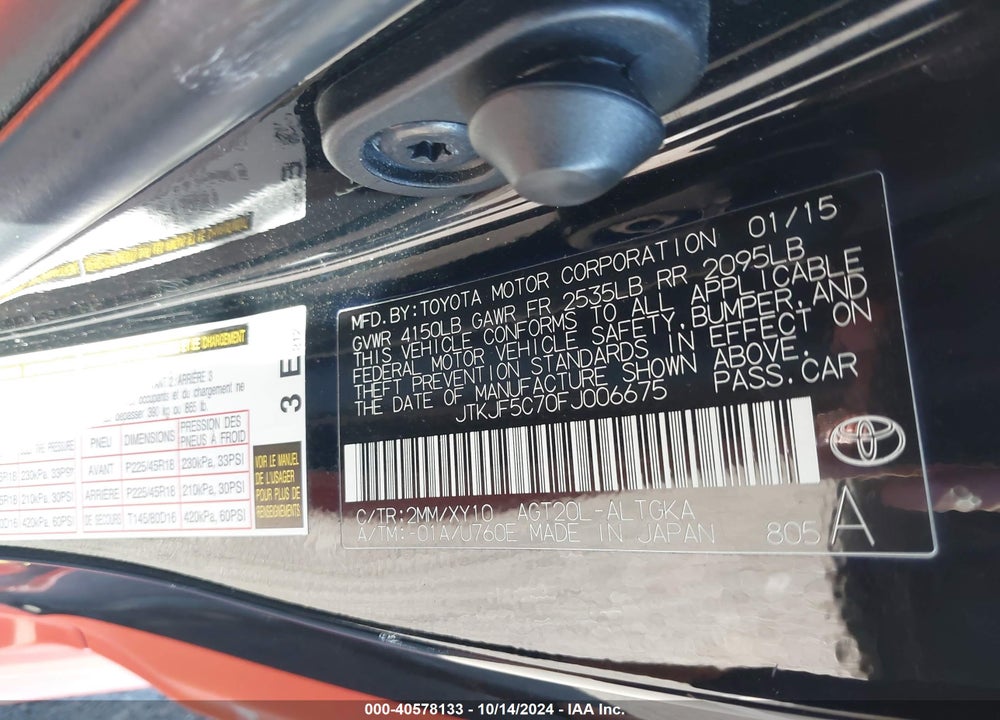 2015 SCION TC RELEASE SERIES 9.0 VIN: JTKJF5C70FJ006675
