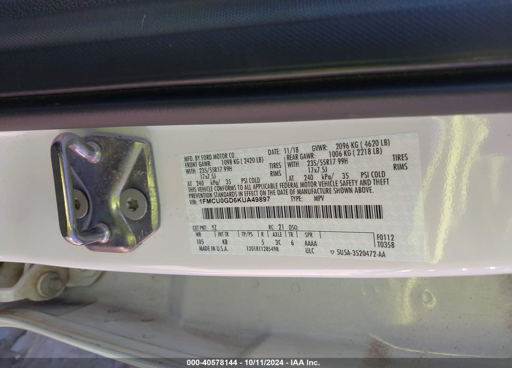 2019 FORD ESCAPE SE VIN: 1FMCU0GD6KUA49897