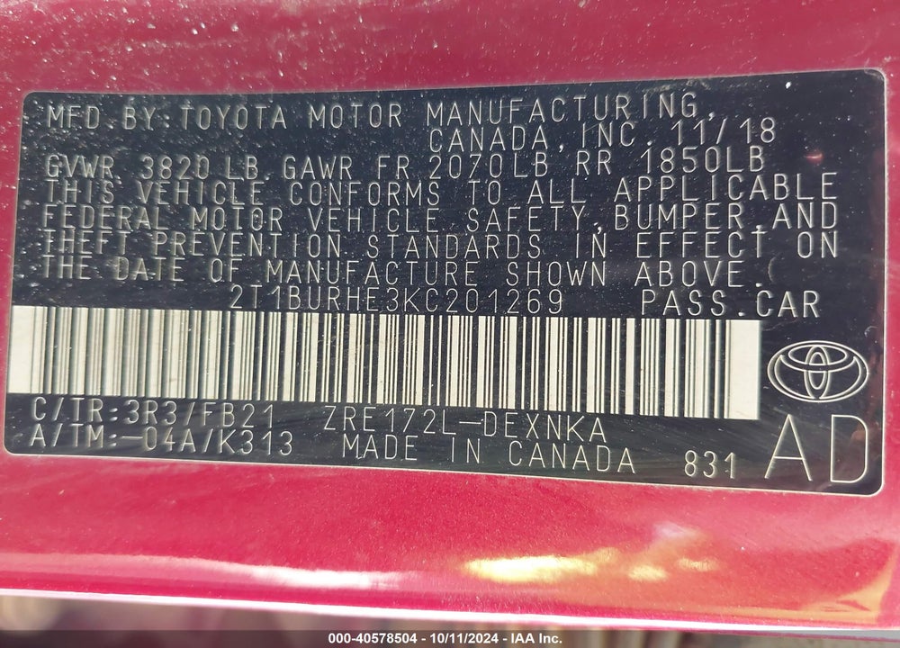 2019 TOYOTA COROLLA VIN: 2T1BURHE3KC201269