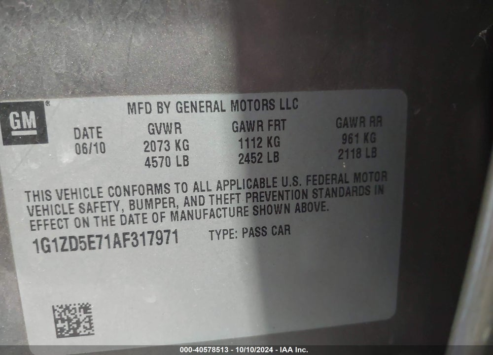 2010 CHEVROLET MALIBU LT VIN: 1G1ZD5E71AF317971