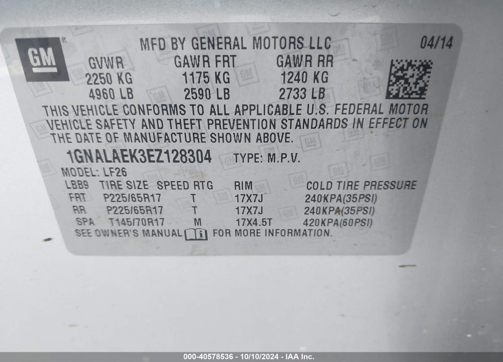 2014 CHEVROLET EQUINOX LS VIN: 1GNALAEK3EZ128304