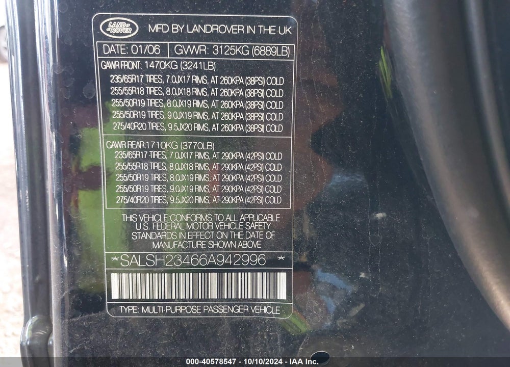 2006 LAND ROVER RANGE ROVER SPORT SUPERCHARGED VIN: SALSH23466A942996