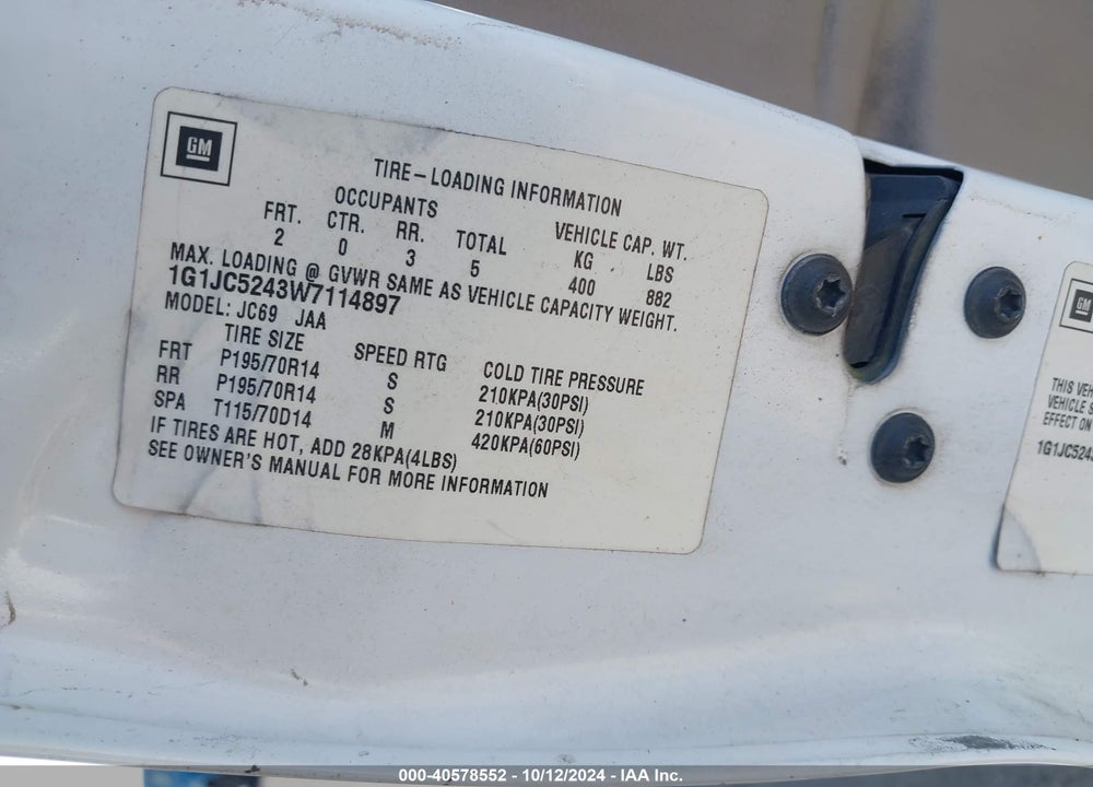 1998 CHEVROLET CAVALIER VIN: 1G1JC5243W7114897