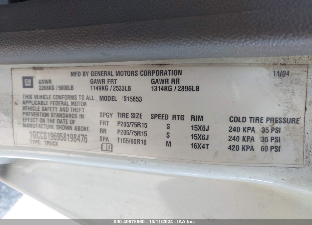 2005 CHEVROLET COLORADO VIN: 1GCCS196958198476