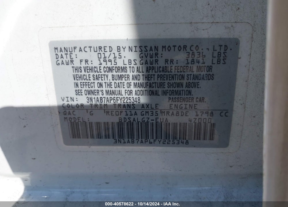 2015 NISSAN SENTRA SL VIN: 3N1AB7AP6FY225348