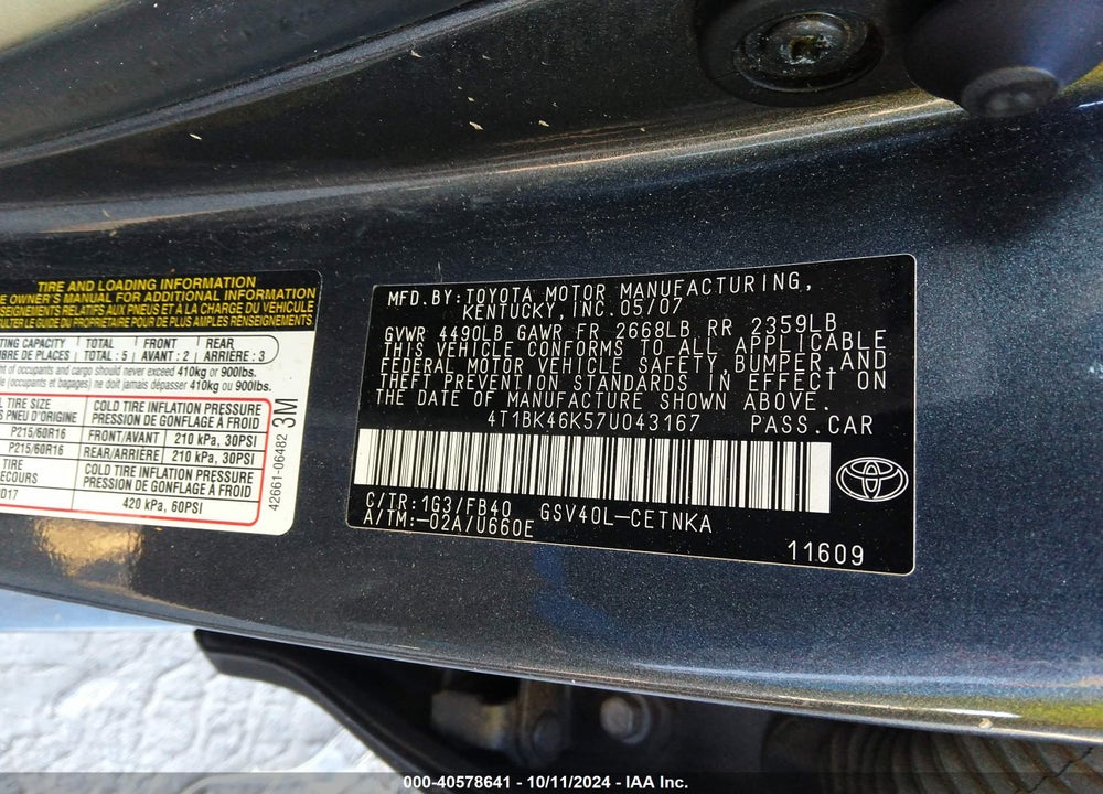 2007 TOYOTA CAMRY LE V6 VIN: 4T1BK46K57U043167