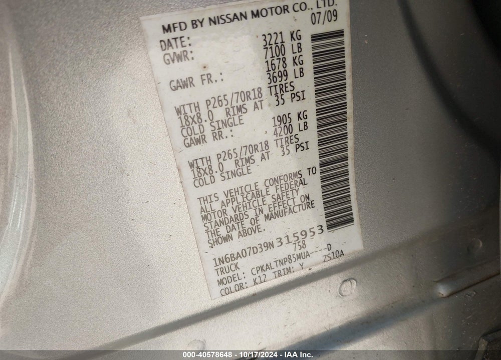 2009 NISSAN TITAN SE VIN: 1N6BA07D39N315953