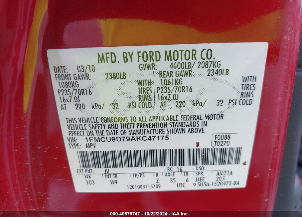 2010 FORD ESCAPE XLT VIN: 1FMCU9D79AKC47175